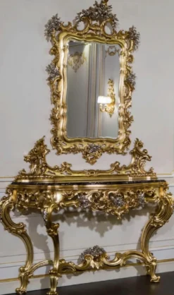 Casa Padrino Luxus Barock Möbel Set Konsole mit Spiegel Gold / Silber / Schwarz - Prunkvoller handgeschnitzter Konsolentisch mit Wandspiegel - Hotel Möbel - Schloss Möbel - Luxus Qualität - Made in Italy