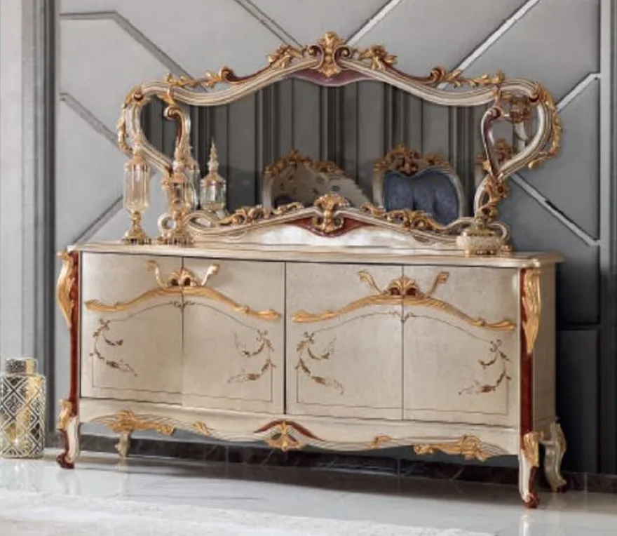 Casa Padrino Luxus Barock Möbel Set Sideboard mit Spiegel Silber / Braun / Gold - Prunkvoller Massivholz Schrank mit elegantem Wandspiegel - Möbel im Barockstil