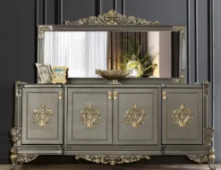 Casa Padrino Luxus Barock Möbel Set Grau / Gold - 1 Sideboard mit 4 Türen & 1 Spiegel - Edle Barock Möbel - Edel & Prunkvoll
