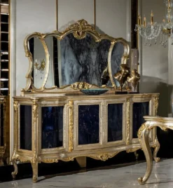 Casa Padrino Luxus Barock Möbel Set Silber / Gold / Blau - 1 Sideboard mit 4 Türen & 1 Spiegel - Handgefertigte Barock Möbel - Edel & Prunkvoll