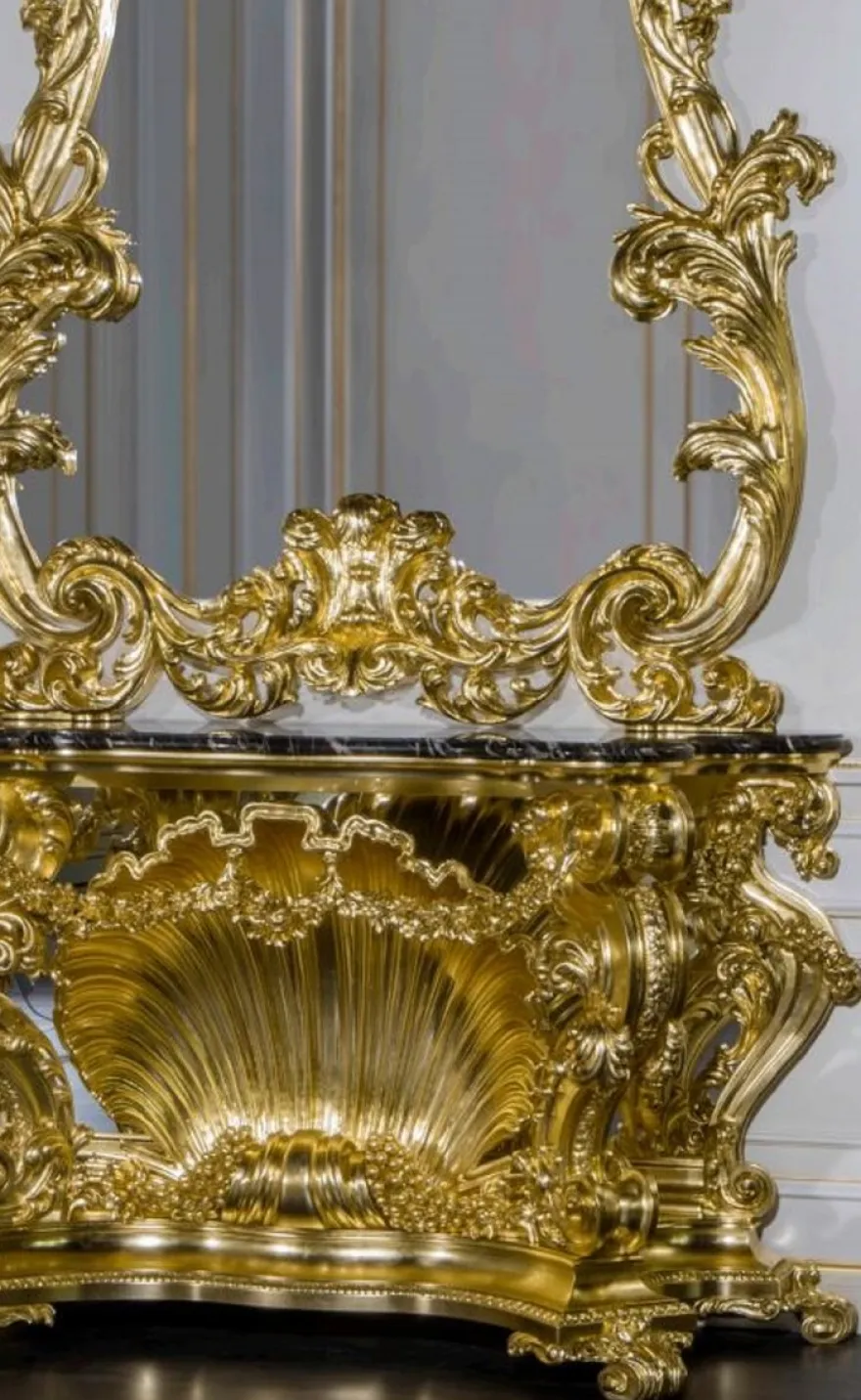 Casa Padrino Luxus Barock Möbel Set Konsole mit Spiegel Gold / Schwarz - Prunkvoller handgeschnitzter Konsolentisch mit Wandspiegel - Hotel Restaurant Schloss Möbel - Luxus Qualität - Made in Italy