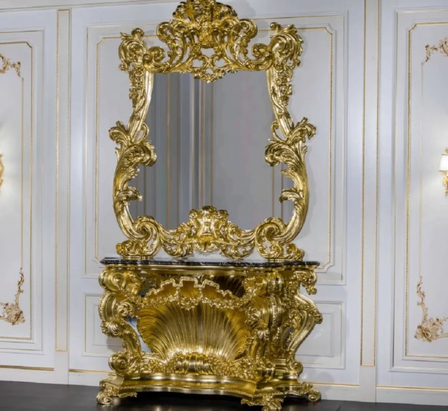 Casa Padrino Luxus Barock Möbel Set Konsole mit Spiegel Gold / Schwarz - Prunkvoller handgeschnitzter Konsolentisch mit Wandspiegel - Hotel Restaurant Schloss Möbel - Luxus Qualität - Made in Italy
