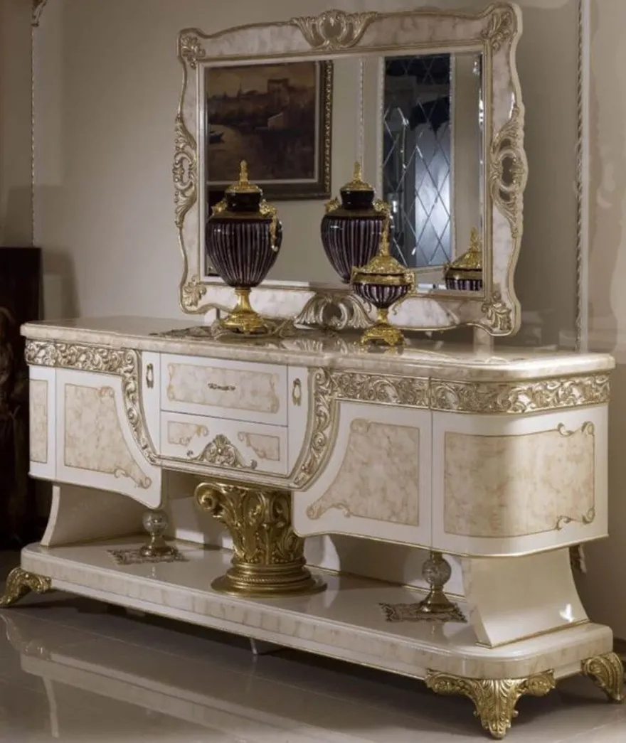 Casa Padrino Luxus Barock Möbel Set Weiß / Beige / Gold - 1 Barock Sideboard & 1 Barock Wandspiegel - Handgefertigte Barock Möbel - Edel & Prunkvoll