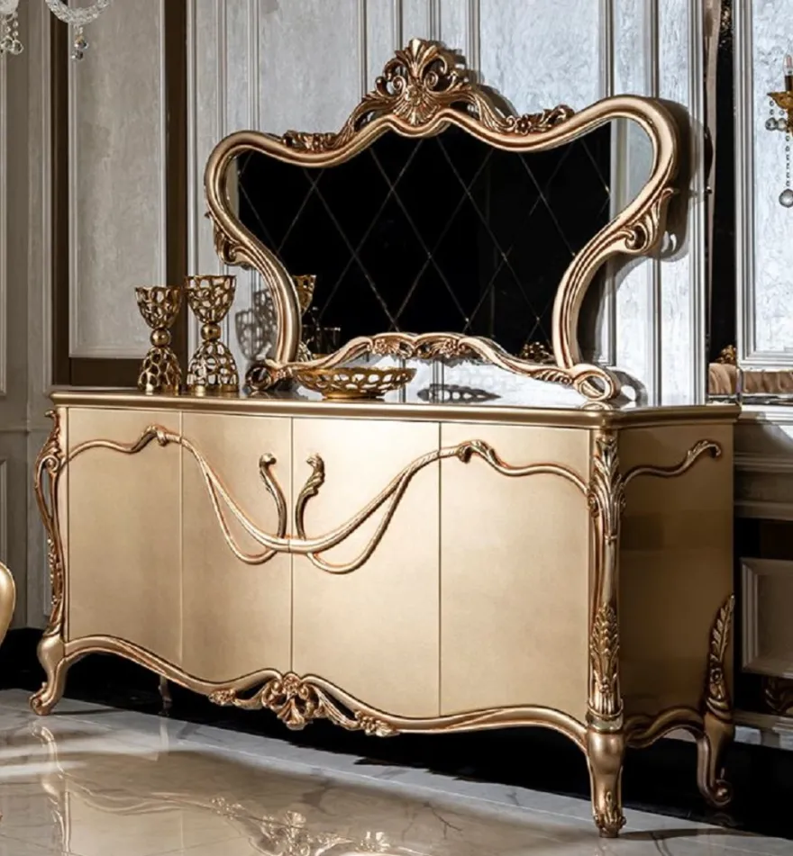 Casa Padrino Luxus Barock Möbel Set Gold - 1 Sideboard mit 4 Türen & 1 Spiegel - Handgefertigte Barock Möbel - Edel & Prunkvoll