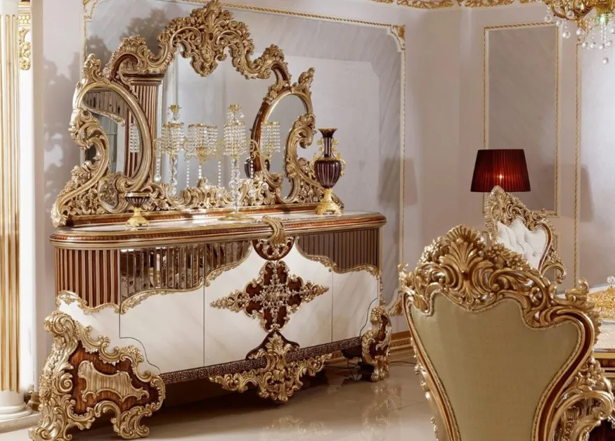 Casa Padrino Luxus Barock Möbel Set Weiß / Braun / Gold - 1 Barock Sideboard mit 4 Türen & 1 Barock Wandspiegel - Handgefertigte Barock Möbel - Edel & Prunkvoll