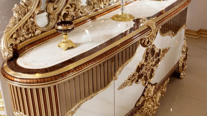 Casa Padrino Luxus Barock Möbel Set Weiß / Braun / Gold - 1 Barock Sideboard mit 4 Türen & 1 Barock Wandspiegel - Handgefertigte Barock Möbel - Edel & Prunkvoll