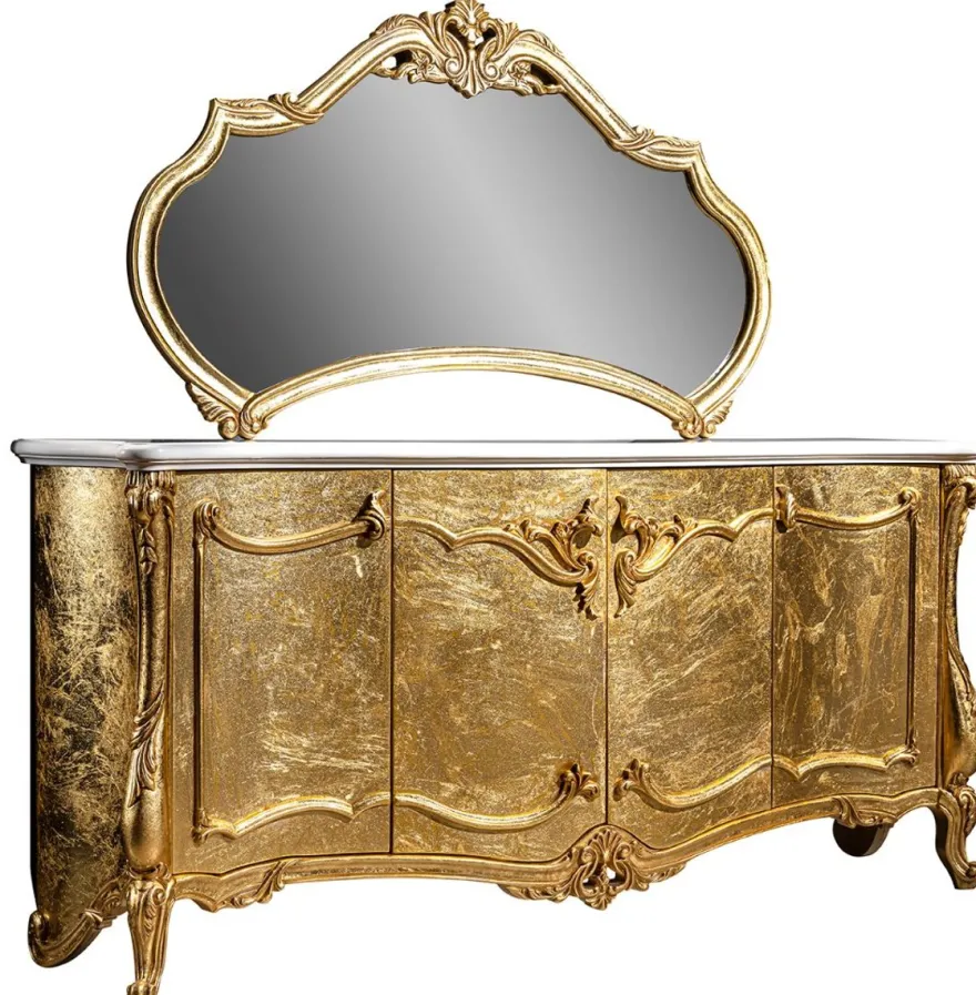 Casa Padrino Luxus Barock Möbel Set Sideboard mit Spiegel Weiß / Gold - Prunkvoller Massivholz Schrank mit elegantem Wandspiegel - Möbel im Barockstil