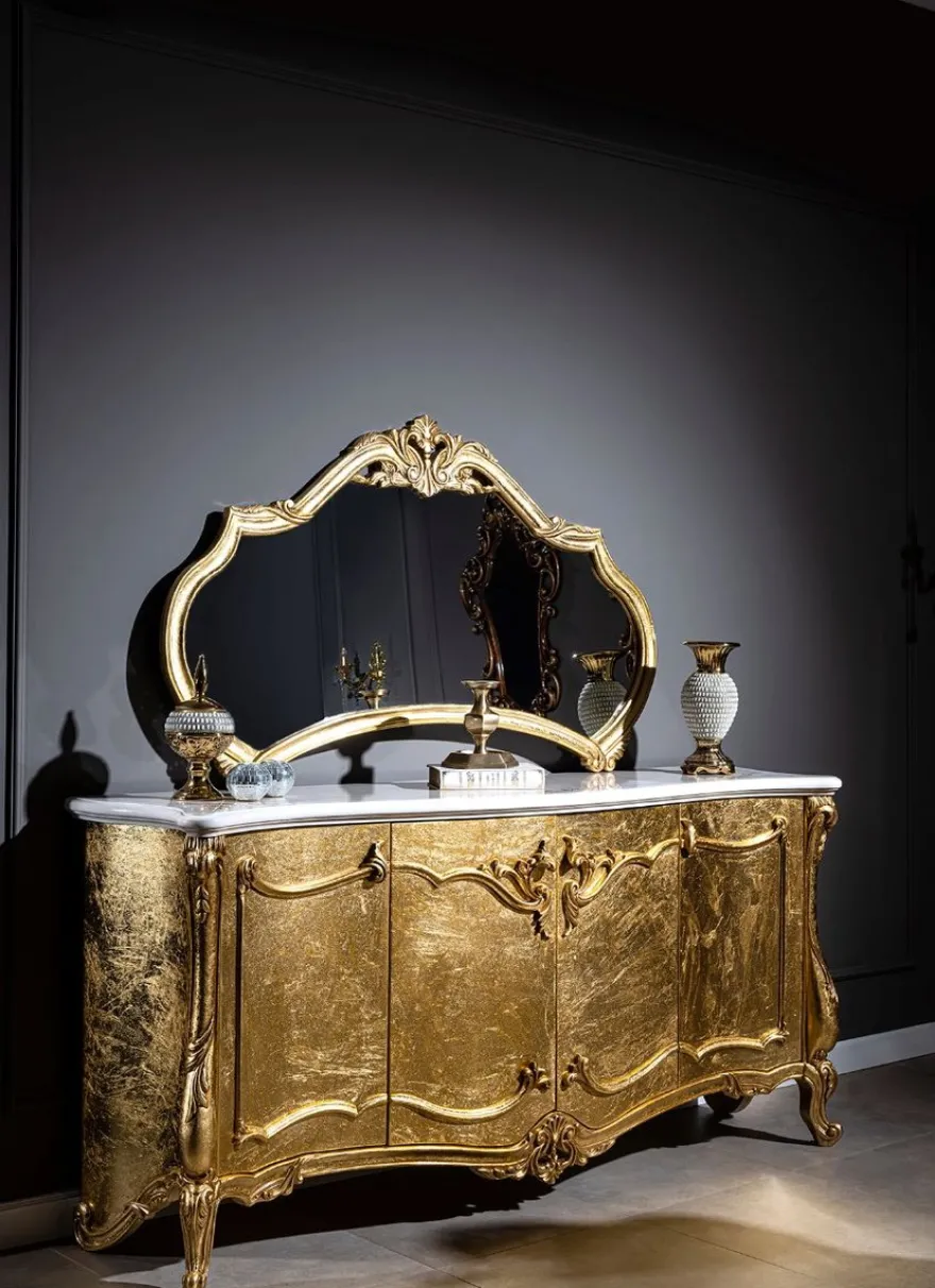 Casa Padrino Luxus Barock Möbel Set Sideboard mit Spiegel Weiß / Gold - Prunkvoller Massivholz Schrank mit elegantem Wandspiegel - Möbel im Barockstil