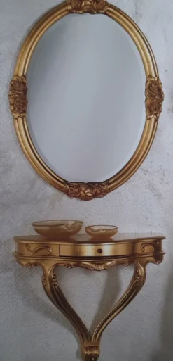 Casa Padrino Luxus Barock Möbel Set Gold - 1 Barock Wandkonsole mit Schublade & 1 Ovaler Barock Wandspiegel - Barock Hotel & Schloß Möbel - Luxus Qualität - Made in Italy