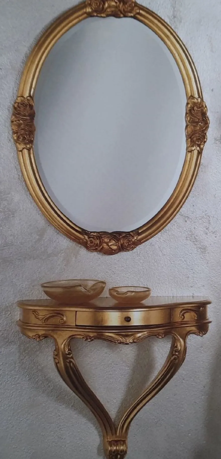 Casa Padrino Luxus Barock Möbel Set Gold - 1 Barock Wandkonsole mit Schublade & 1 Ovaler Barock Wandspiegel - Barock Hotel & Schloß Möbel - Luxus Qualität - Made in Italy