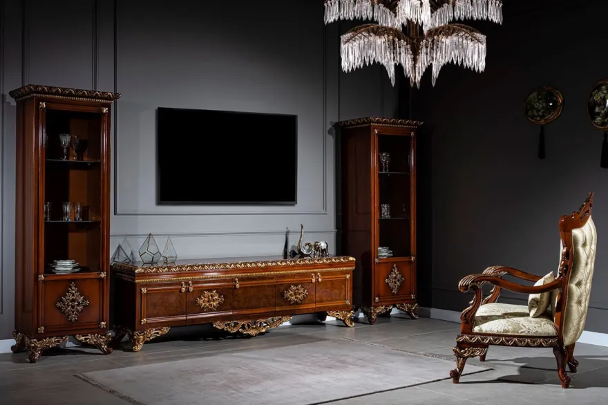 Casa Padrino Luxus Barock Möbel Set Braun / Gold - Edler Massivholz TV Schrank mit 2 Vitrinen - Barock Wohnzimmer Möbel