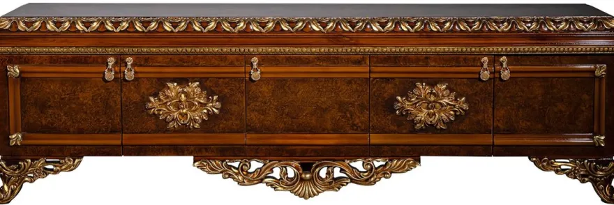 Casa Padrino Luxus Barock Möbel Set Braun / Gold - Edler Massivholz TV Schrank mit 2 Vitrinen - Barock Wohnzimmer Möbel