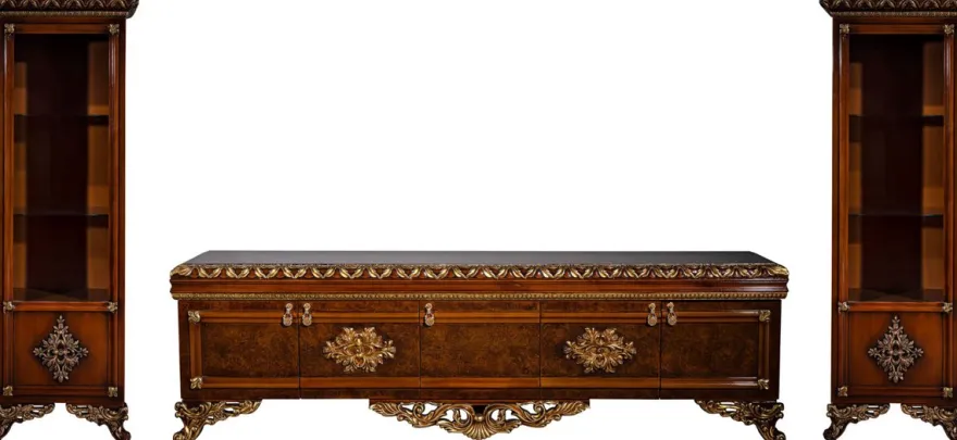 Casa Padrino Luxus Barock Möbel Set Braun / Gold - Edler Massivholz TV Schrank mit 2 Vitrinen - Barock Wohnzimmer Möbel