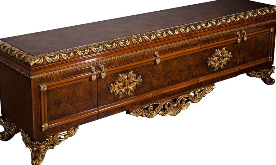 Casa Padrino Luxus Barock Möbel Set Braun / Gold - Edler Massivholz TV Schrank mit 2 Vitrinen - Barock Wohnzimmer Möbel