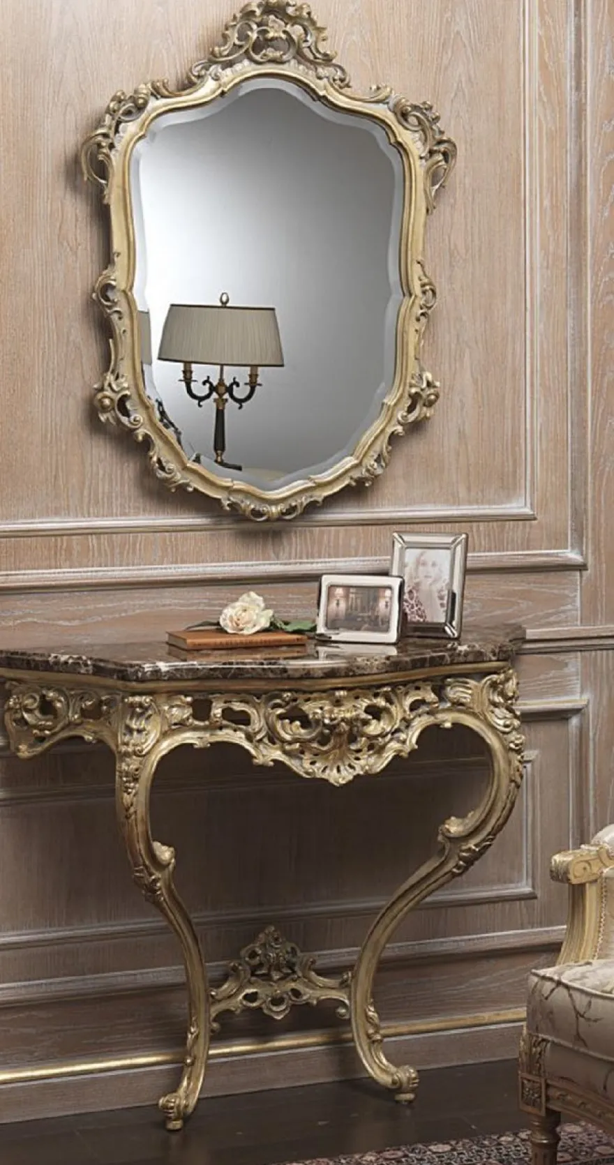 Casa Padrino Luxus Barock Möbel Set Konsole mit Spiegel Gold / Grau / Braun - Prunkvoller handgeschnitzter Konsolentisch mit Wandspiegel - Hotel Restaurant Schloss Möbel - Luxus Qualität - Made in Italy