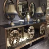 Casa Padrino Luxus Barock Möbel Set Blau / Antik Gold - 1 verspiegeltes Sideboard & 3 ovale Wandspiegel - Prunkvolle Barock Möbel