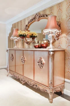 Casa Padrino Luxus Barock Möbel Set Sideboard mit Spiegel Kupferfarben - Prunkvoller Massivholz Schrank mit elegantem Wandspiegel - Möbel im Barockstil