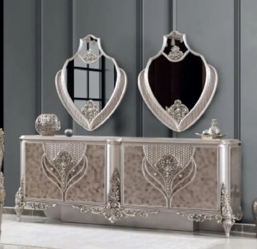 Casa Padrino Luxus Barock Möbel Set Silber - 1 Sideboard & 2 Spiegel - Handgefertigte Möbel im Barockstil - Edel & Prunkvoll