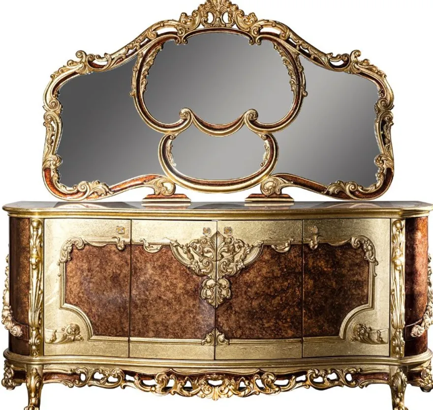 Casa Padrino Luxus Barock Möbel Set Sideboard mit Spiegel Creme / Beige / Braun / Gold - Prunkvoller Massivholz Schrank mit Wandspiegel - Edle Möbel im Barockstil - Luxus Qualität