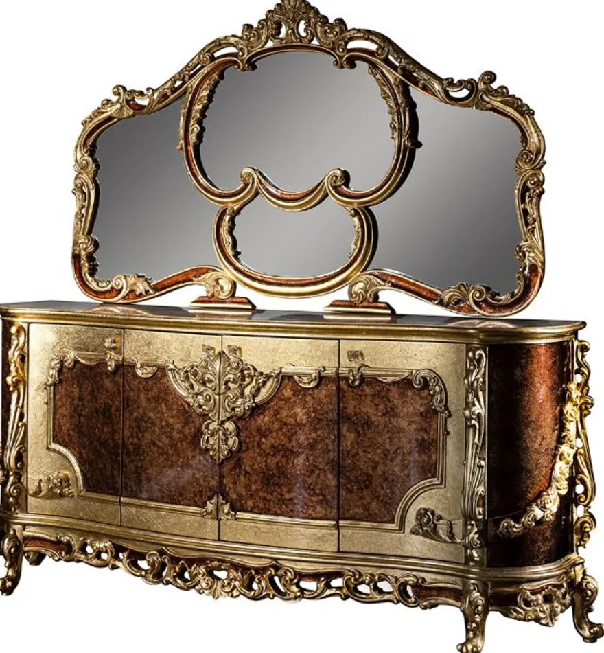 Casa Padrino Luxus Barock Möbel Set Sideboard mit Spiegel Creme / Beige / Braun / Gold - Prunkvoller Massivholz Schrank mit Wandspiegel - Edle Möbel im Barockstil - Luxus Qualität