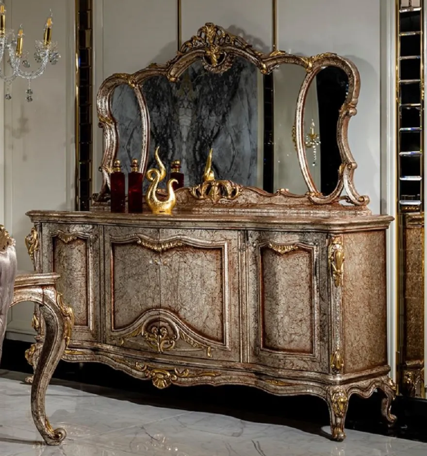 Casa Padrino Luxus Barock Möbel Set Antik Silber / Braun / Gold - 1 Sideboard mit 4 Türen & 1 Spiegel - Handgefertigte Möbel im Barockstil