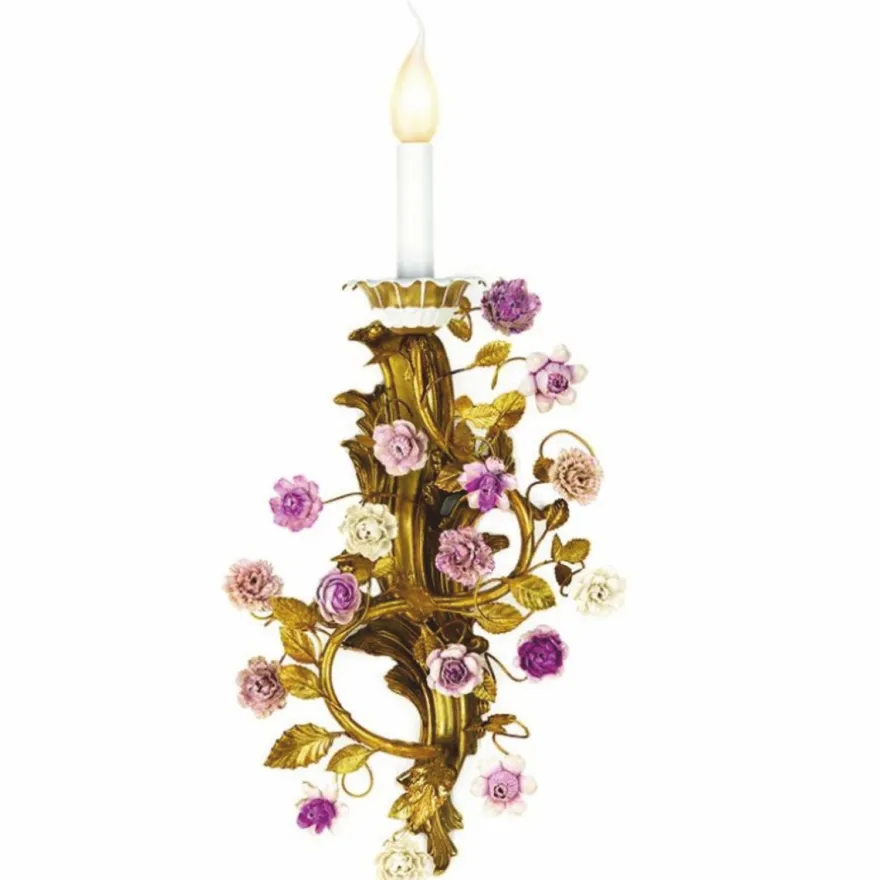Casa Padrino Luxus Barock Metall Wandleuchte mit Porzellan Blumen Messing / Bunt H. 58 cm - Made in Italy