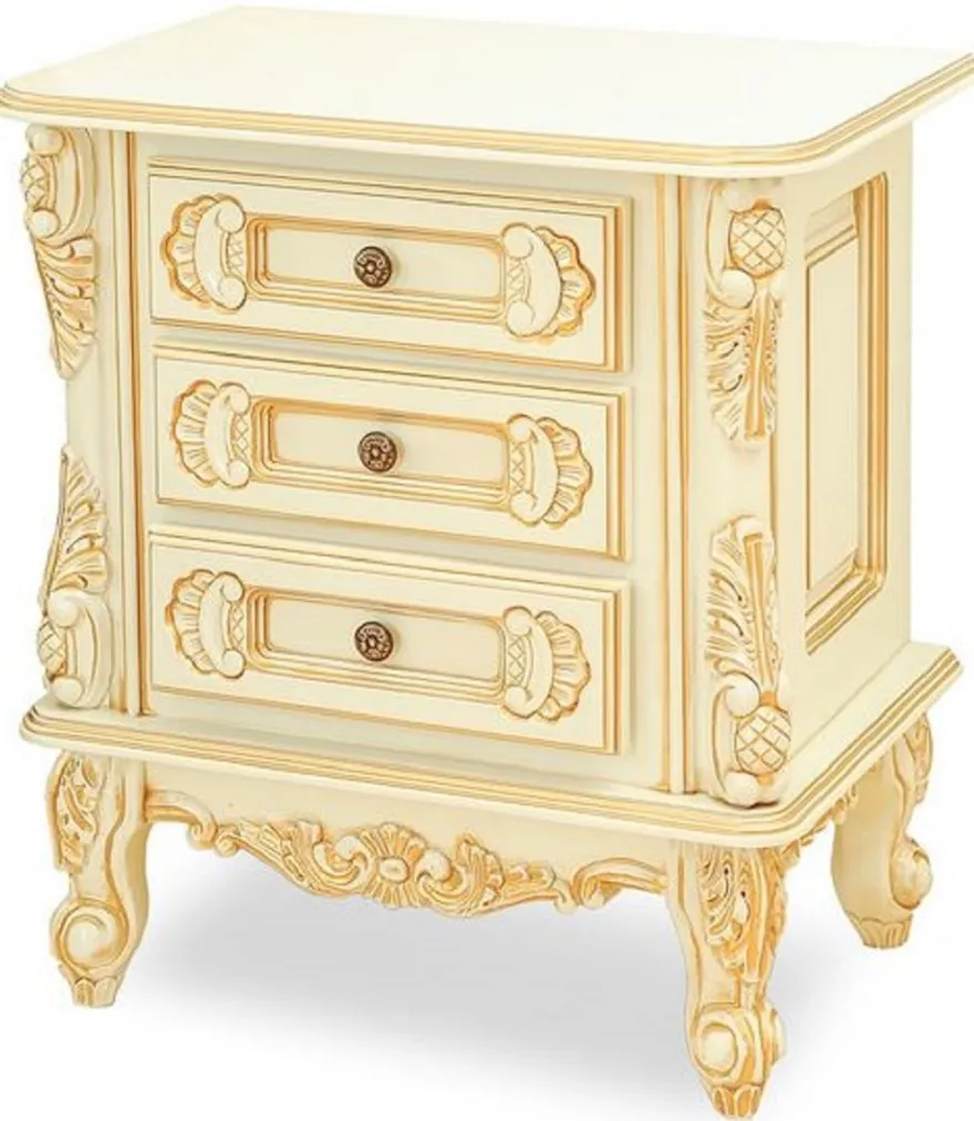 Casa Padrino Luxus Barock Nachtkommode Creme / Beige - Prunkvoller Barock Nachttisch mit 3 Schubladen - Luxus Schlafzimmer Möbel im Barockstil - Barock Möbel - Barock Einrichtung