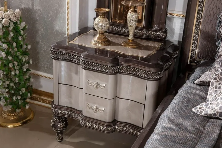 Casa Padrino Luxus Barock Nachtkommode Grau / Schwarz / Gold - Prunkvoller Barockstil Nachttisch mit 2 Schubladen - Luxus Schlafzimmer Möbel im Barockstil - Barock Möbel - Barock Interior