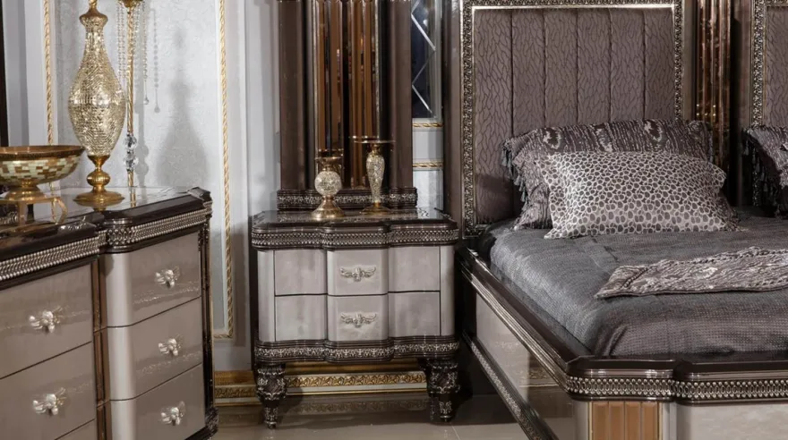 Casa Padrino Luxus Barock Nachtkommode Grau / Schwarz / Gold - Prunkvoller Barockstil Nachttisch mit 2 Schubladen - Luxus Schlafzimmer Möbel im Barockstil - Barock Möbel - Barock Interior