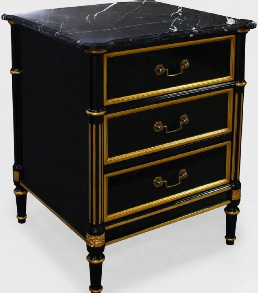 Casa Padrino Luxus Barock Nachtkommode Schwarz / Gold - Barock Mahagoni Nachttisch mit 3 Schubladen und Marmorplatte - Barock Schlafzimmer Möbel - Luxus Möbel in Barockstil - Edel & Prunkvoll