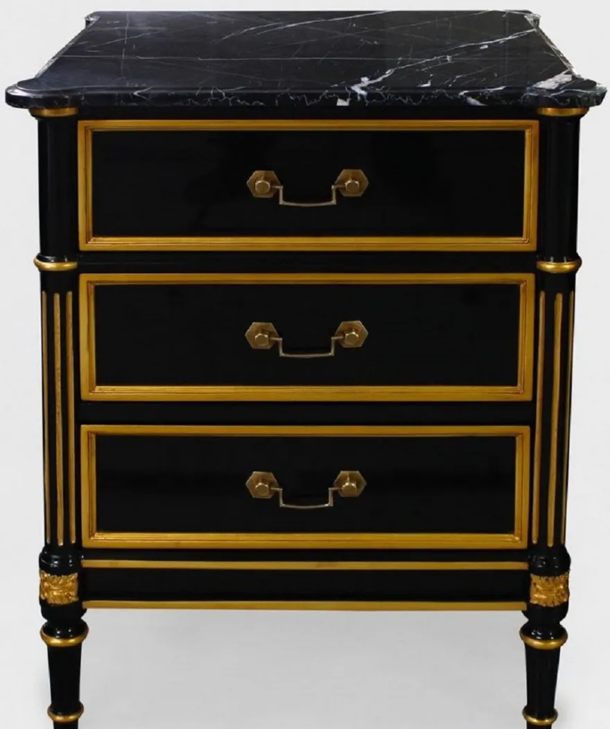 Casa Padrino Luxus Barock Nachtkommode Schwarz / Gold - Barock Mahagoni Nachttisch mit 3 Schubladen und Marmorplatte - Barock Schlafzimmer Möbel - Luxus Möbel in Barockstil - Edel & Prunkvoll