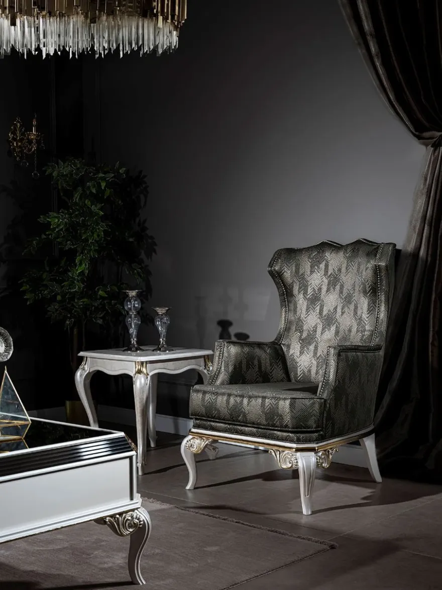 Casa Padrino Luxus Barock Ohrensessel Grün / Weiß / Gold 77 x 85 x H. 113 cm - Wohnzimmer Sessel mit elegantem Muster - Barock Wohnzimmer Möbel