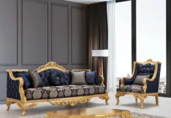 Casa Padrino Luxus Barock Ohrensessel mit Glitzersteinen und dekorativem Kissen Dunkelblau / Gold 86 x 90 x H. 110 cm - Barock Wohnzimmer Sessel - Barock Möbel