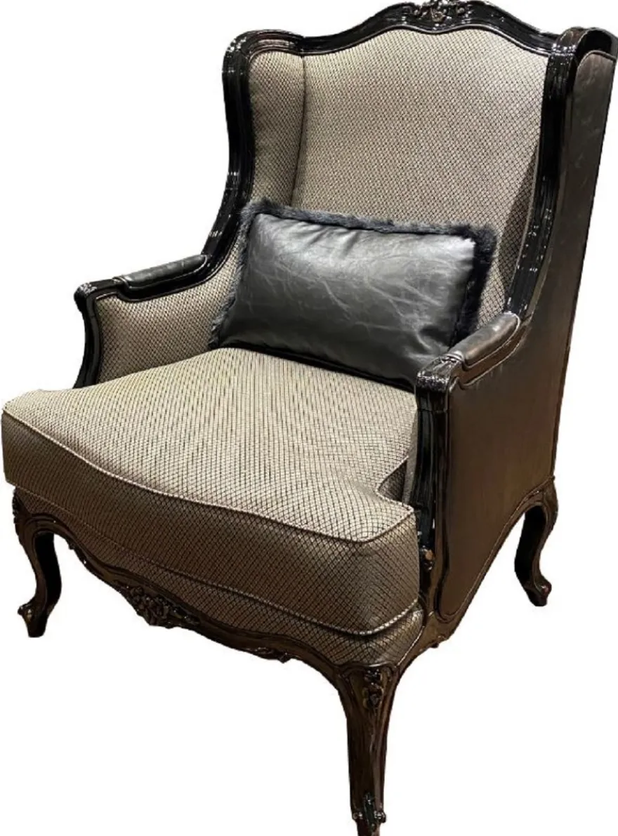 Casa Padrino Luxus Barock Ohrensessel Gold / Schwarz 78 x 80 x H. 108 cm - Edler Wohnzimmer Sessel im Barockstil - Barock Wohnzimmer Möbel