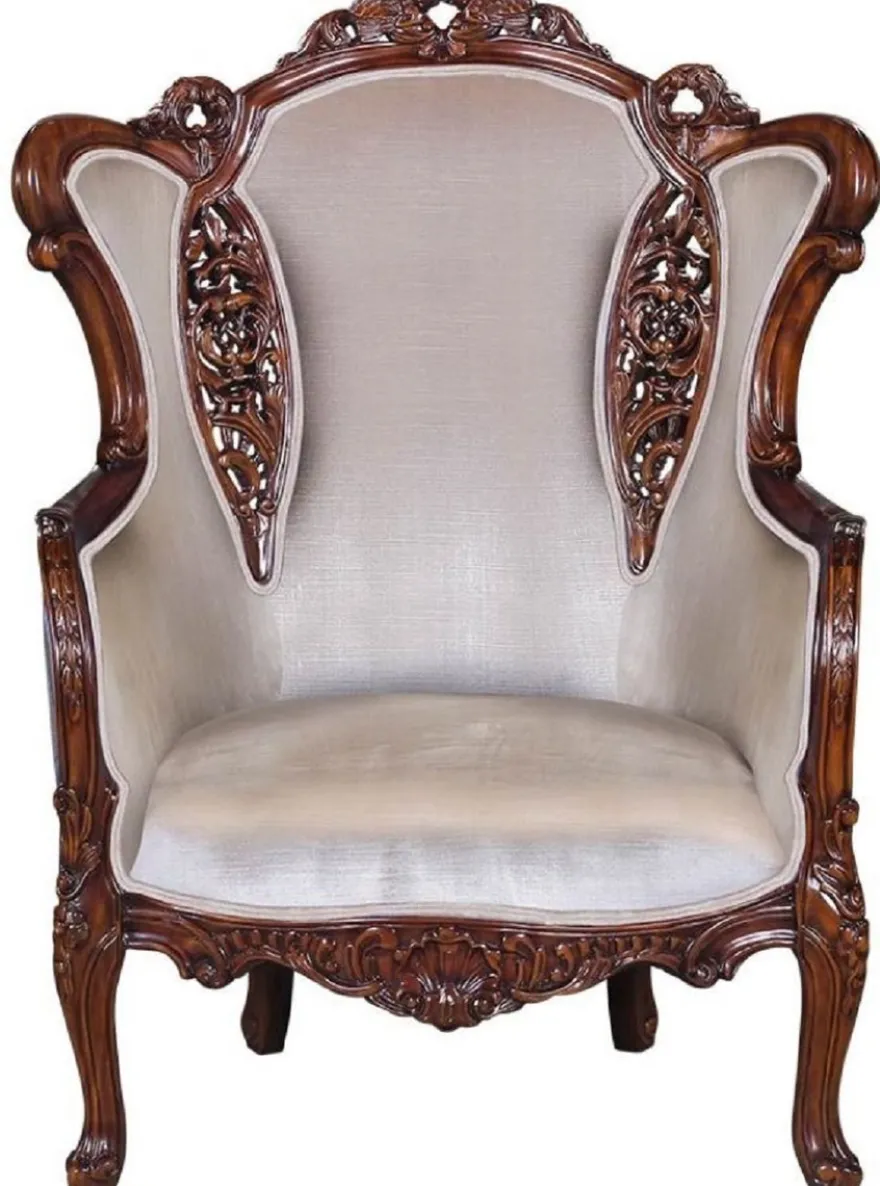 Casa Padrino Luxus Barock Ohrensessel Silber / Braun - Prunkvoller Wohnzimmer Sessel im Barockstil - Barock Möbel