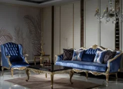 Casa Padrino Luxus Barock Ohrensessel Blau / Silber / Gold - Handgefertigter Wohnzimmer Sessel mit dekorativem Kissen - Barock Wohnzimmer Möbel