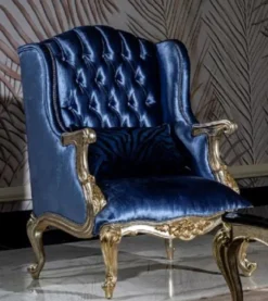 Casa Padrino Luxus Barock Ohrensessel Blau / Silber / Gold - Handgefertigter Wohnzimmer Sessel mit dekorativem Kissen - Barock Wohnzimmer Möbel