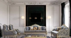 Casa Padrino Luxus Barock Ohrensessel Blau / Silber / Gold - Handgefertigter Wohnzimmer Sessel im Barockstil - Barock Wohnzimmer Möbel