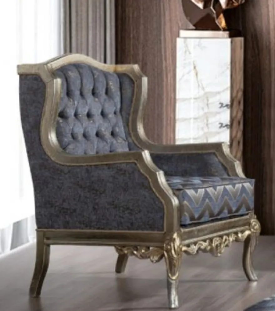 Casa Padrino Luxus Barock Ohrensessel Blau / Silber / Gold - Handgefertigter Wohnzimmer Sessel im Barockstil - Barock Wohnzimmer Möbel