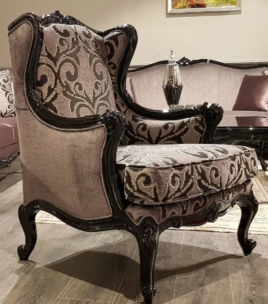 Casa Padrino Luxus Barock Ohrensessel Rosa / Schwarz - Prunkvoller Wohnzimmer Sessel mit elegantem Muster - Wohnzimmer Möbel im Barockstil