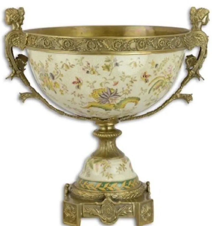Casa Padrino Luxus Barock Porzellan Schale auf Sockel mit 2 Messing Griffen, weiß / bronze, 42 cm