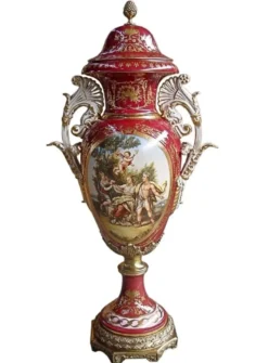 Casa Padrino Luxus Barock Porzellan Vase mit Deckel in Rot und Gold - Höhe 128 cm - Limited Edition