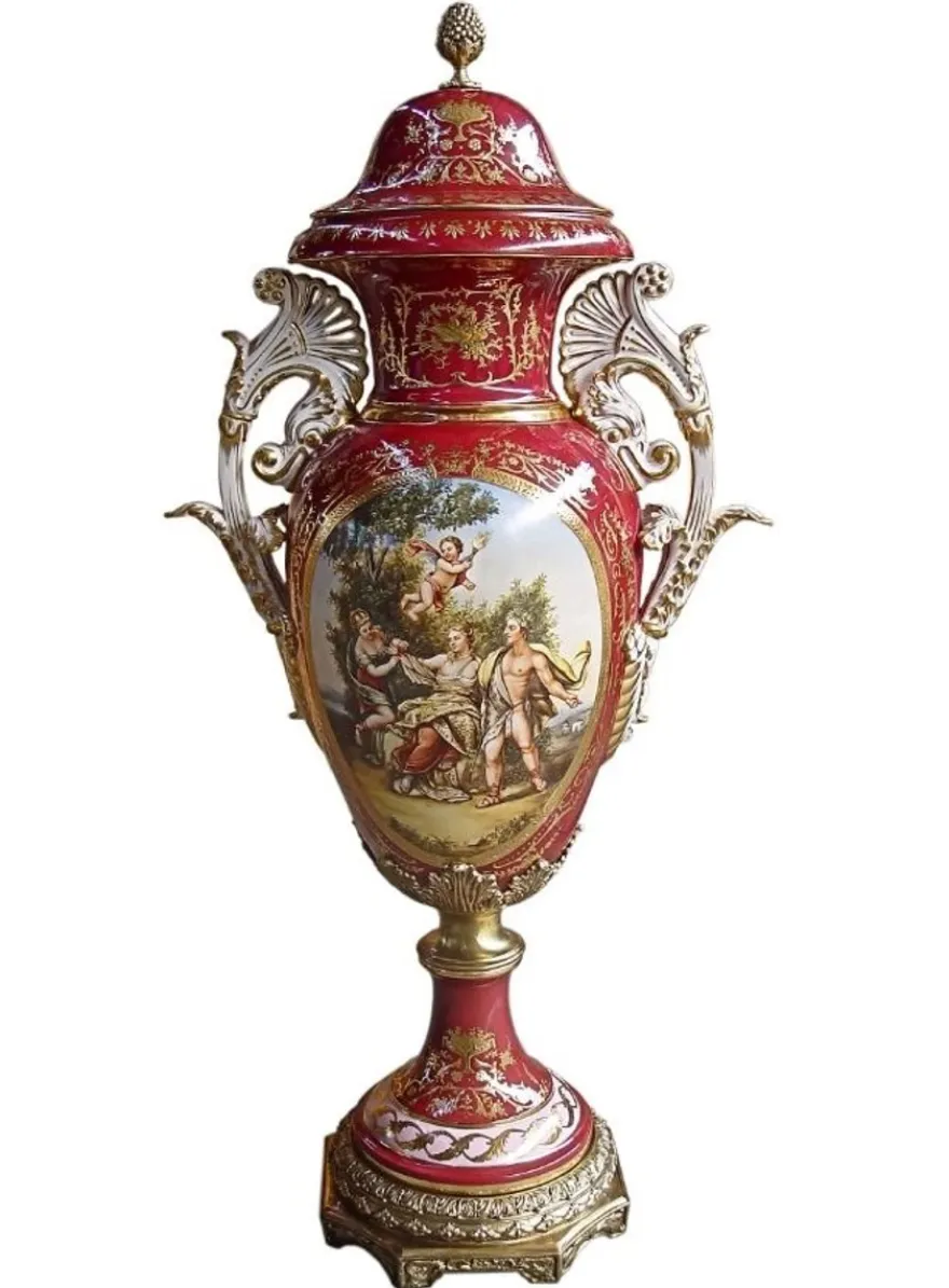 Casa Padrino Luxus Barock Porzellan Vase mit Deckel in Rot und Gold - Höhe 128 cm - Limited Edition