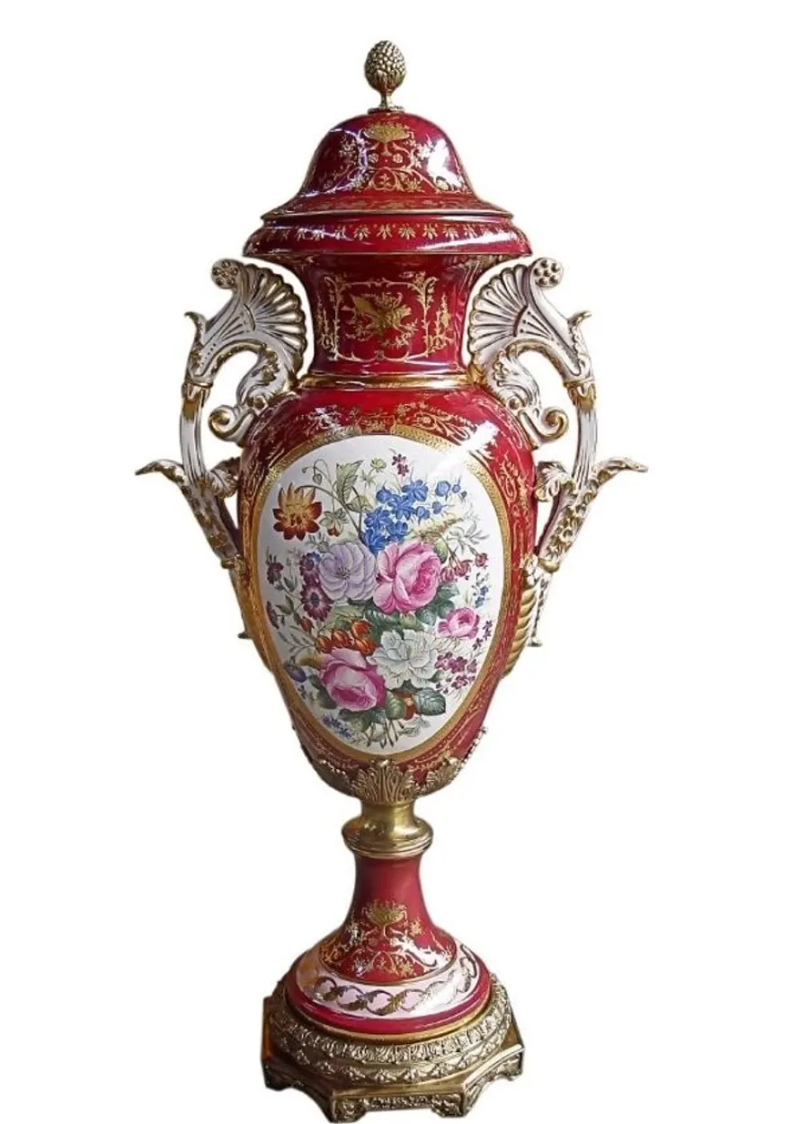 Casa Padrino Luxus Barock Porzellan Vase mit Deckel in Rot und Gold - Höhe 128 cm - Limited Edition