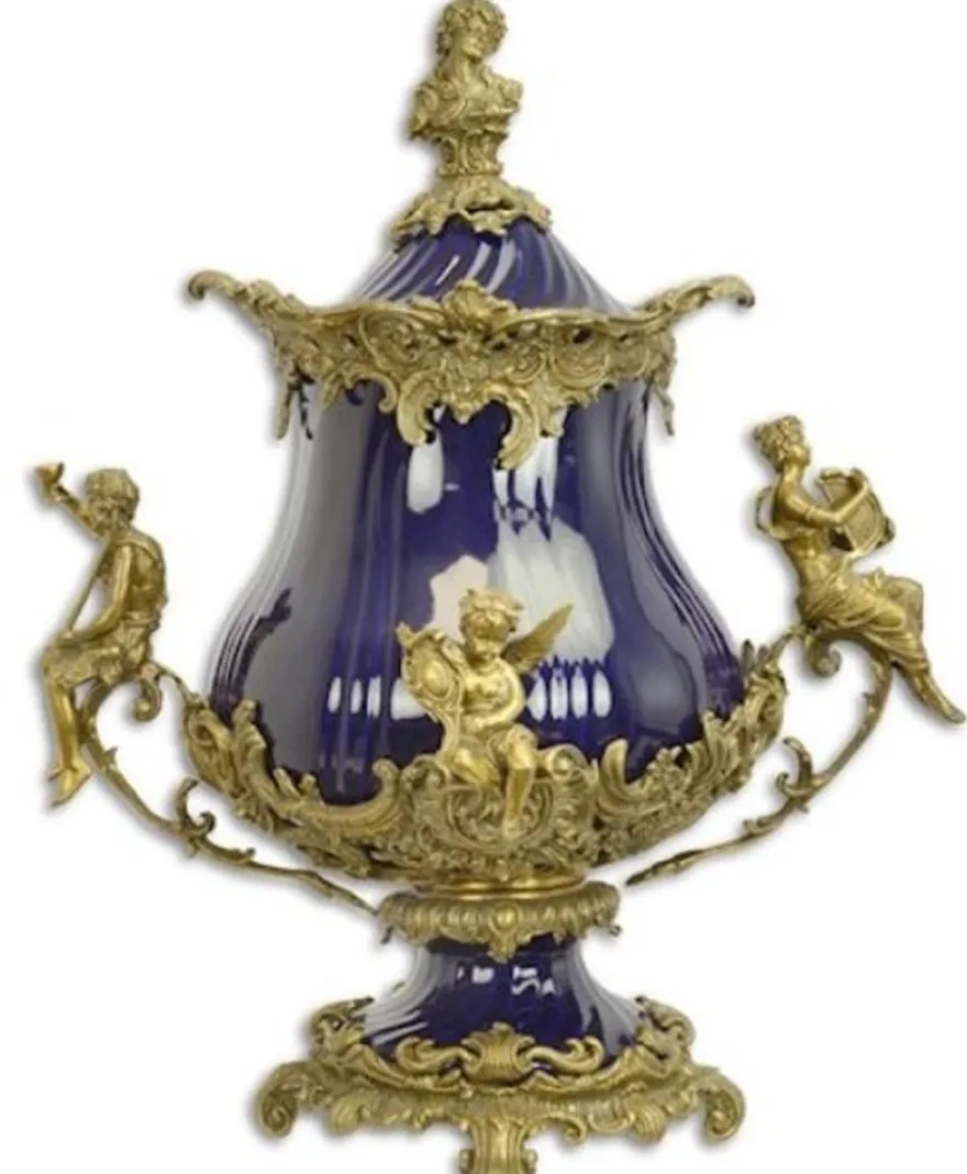 Casa Padrino Luxus Barock Porzellan Schüssel mit Deckel und 2 Messing Griffen - Blau / Messing - Höhe 52 cm