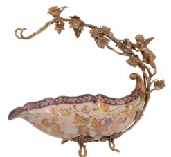 Casa Padrino Luxus Barock Porzellan Fruchtschale mit Messing Griff creme / blau / bronze 51,5 x 26,8 x 43 cm