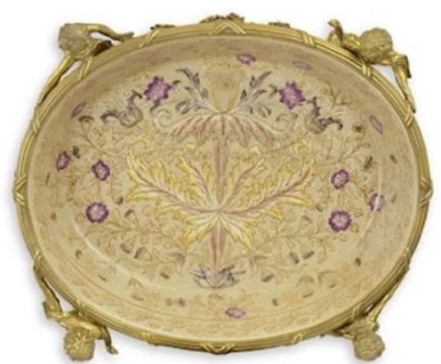 Casa Padrino Luxus Barock Porzellan Schale mit Blumenmuster, beige und bronze, Durchmesser 31,5 x H. 12 cm