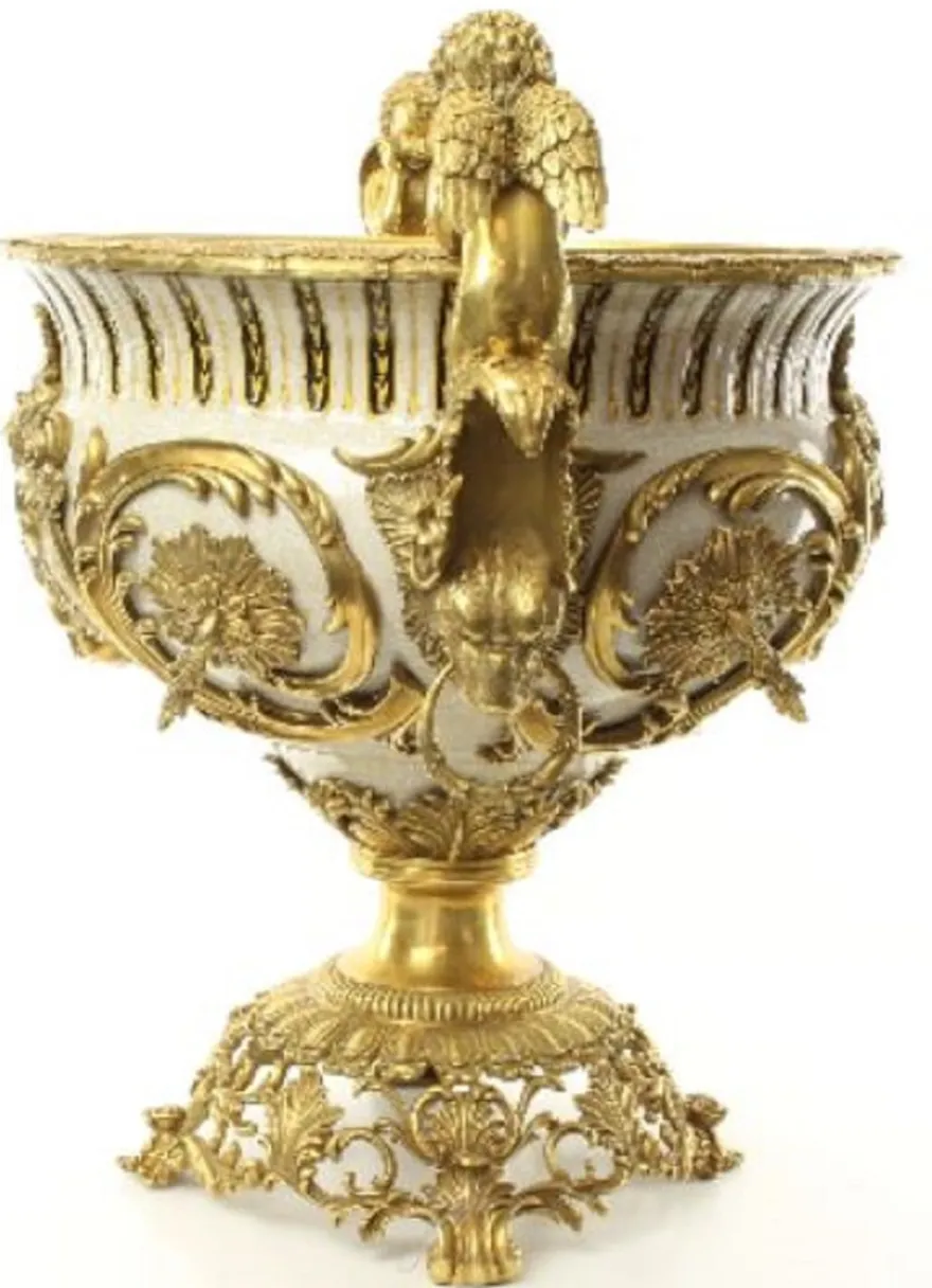 Casa Padrino Luxus Barock Porzellan Blumentopf Engel Weiß / Gold H. 60 cm - Prunkvoller Porzellan Pflanzentopf - Barock Porzellan Deko Accessoires