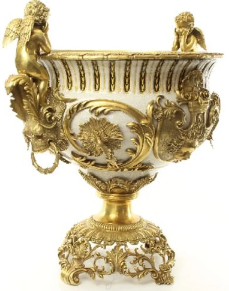 Casa Padrino Luxus Barock Porzellan Blumentopf Engel Weiß / Gold H. 60 cm - Prunkvoller Porzellan Pflanzentopf - Barock Porzellan Deko Accessoires
