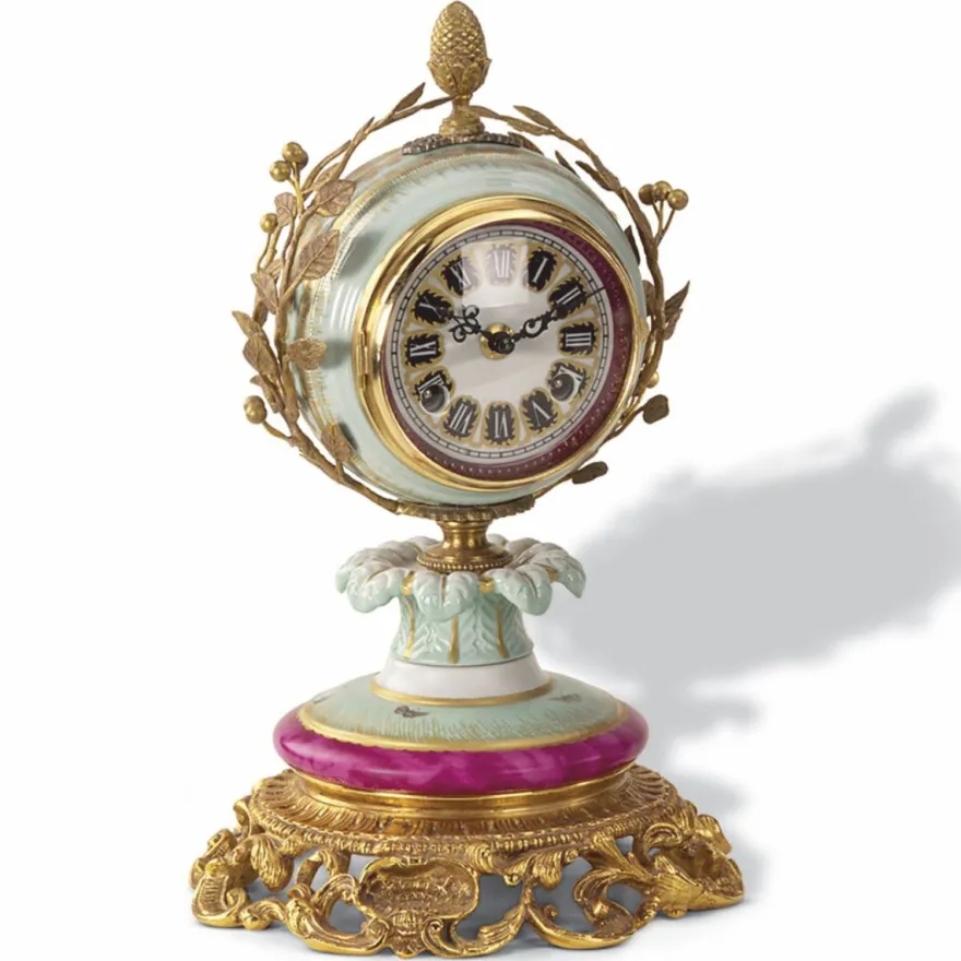 Casa Padrino Luxus Barock Porzellan Tischuhr Hellgrün / Purpur / Gold H. 28 cm - Barock Schreibtischuhr - Made in Italy